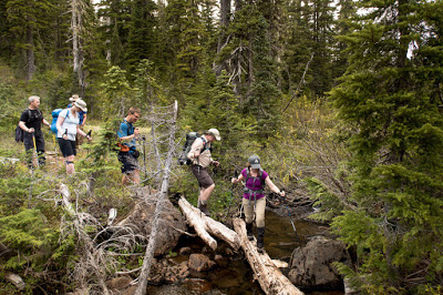 Several of the hikers crossing one of the water crossing on the Paradise Meadows to Wood Mountain Route