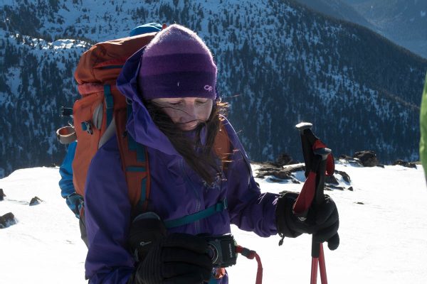 zipped up to protect our faces from the wind on Adder Mountain